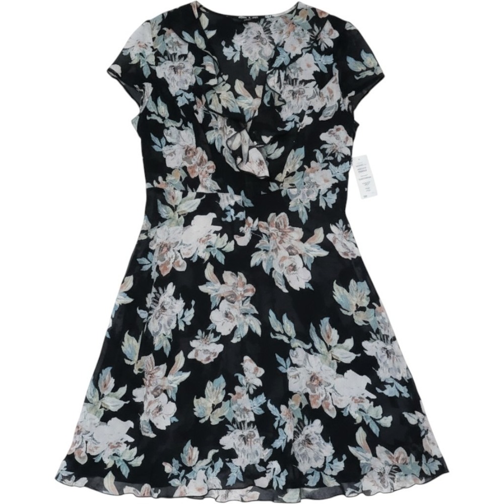 JBS Dress Womens 18W Black Floral Short Flutter Sleeve V Neck Fit & Flare Midi